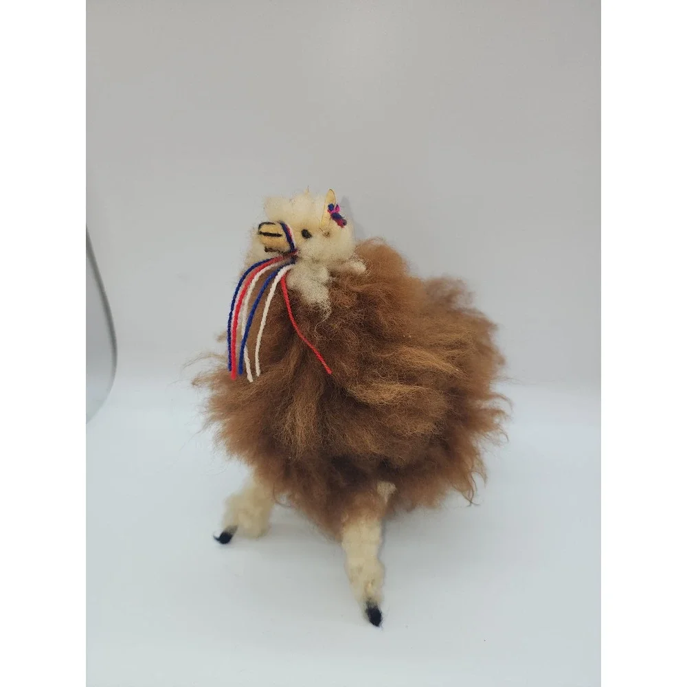 Vintage Handmade Alpaca Wool Llama Figurine Brown Shaggy Folk Art Plush 8.5